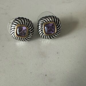Silver and Gold Twisted Earrings with Purple Stone